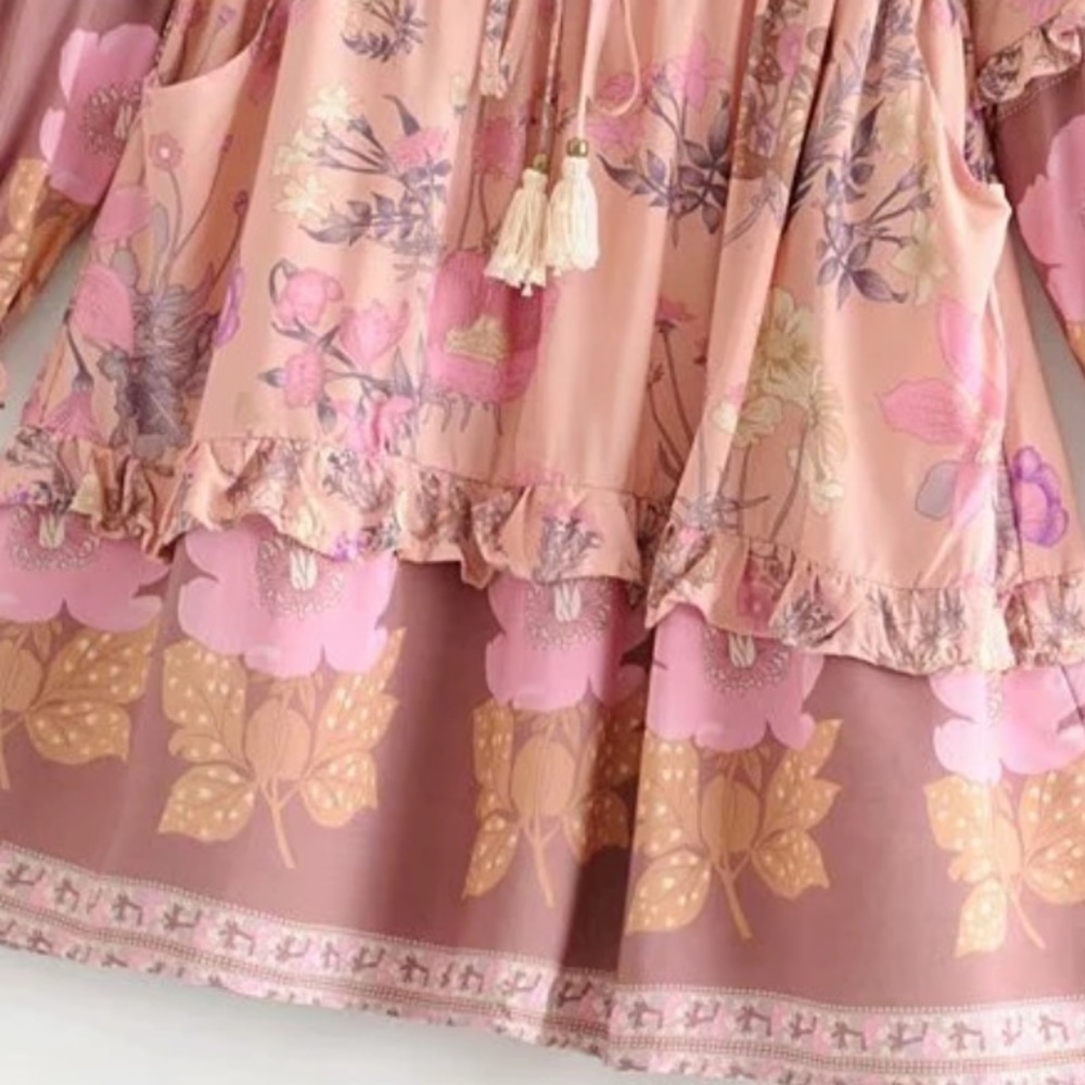 Long Sleeve Ruffle Boho Floral Gypsy Print Dress - Picture 5 of 11